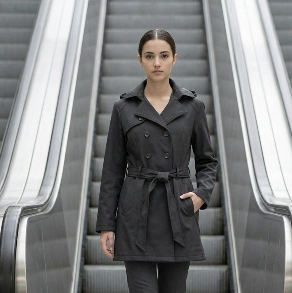 Liz Claiborne New York Women's Double Breasted Hooded Trench Coat Black XL EUC